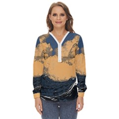 Waves Aesthetic Ocean Retro Sea Vintage Zip Up Long Sleeve Blouse