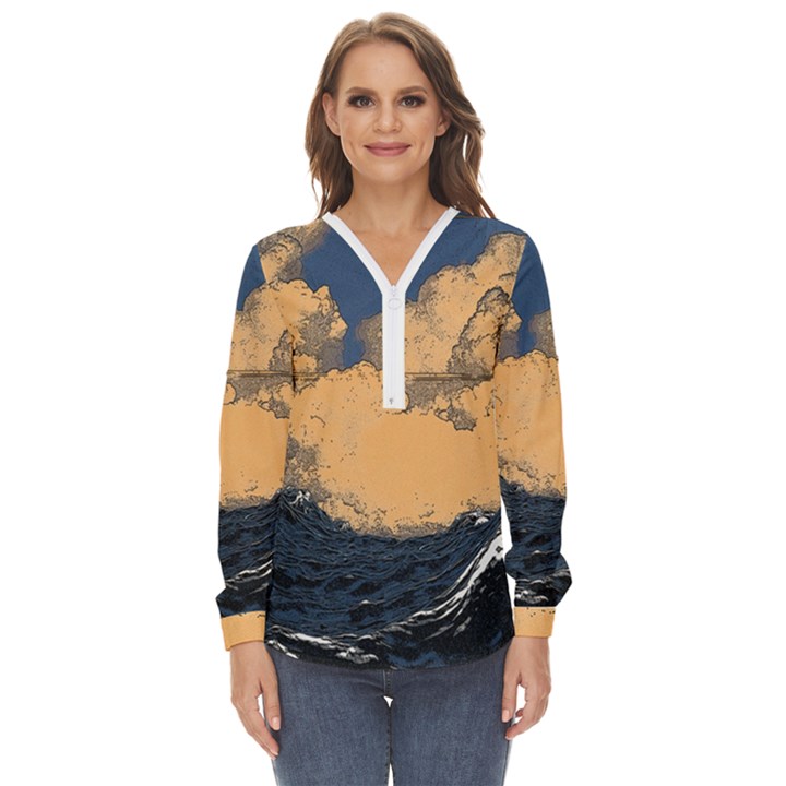 Waves Aesthetic Ocean Retro Sea Vintage Zip Up Long Sleeve Blouse