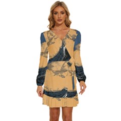 Waves Aesthetic Ocean Retro Sea Vintage Long Sleeve Waist Tie Ruffle Velvet Dress by Salman4z