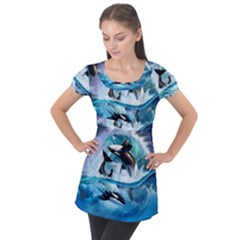 Orca Wave Water Underwater Puff Sleeve Tunic Top by Salman4z