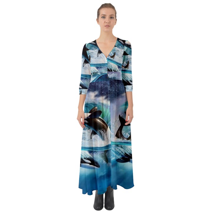 Orca Wave Water Underwater Button Up Boho Maxi Dress