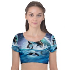 Orca Wave Water Underwater Velvet Short Sleeve Crop Top  by Salman4z