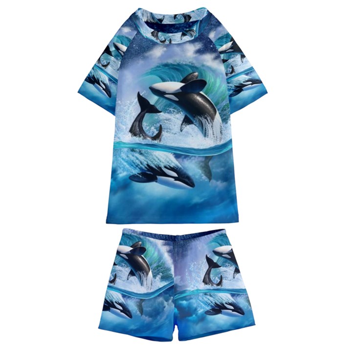 Orca Wave Water Underwater Kids  Swim Tee and Shorts Set