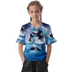 Orca Wave Water Underwater Kids  V-neck Horn Sleeve Blouse by Salman4z