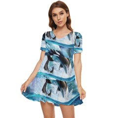 Orca Wave Water Underwater Tiered Short Sleeve Babydoll Dress by Salman4z