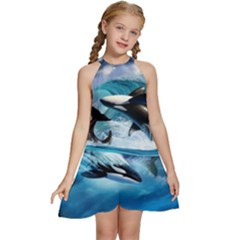 Orca Wave Water Underwater Kids  Halter Collar Waist Tie Chiffon Dress by Salman4z