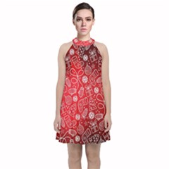 Christmas Pattern Red Velvet Halter Neckline Dress  by Salman4z