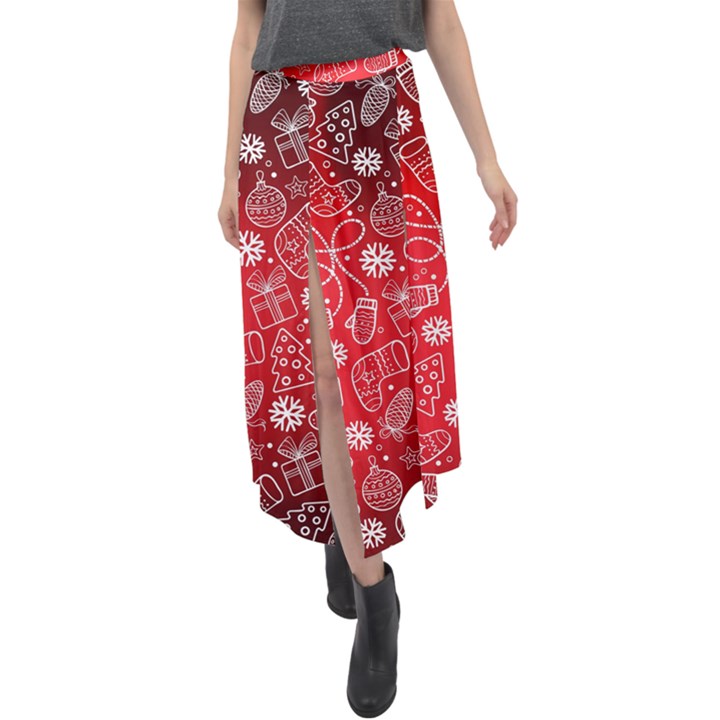 Christmas Pattern Red Velour Split Maxi Skirt