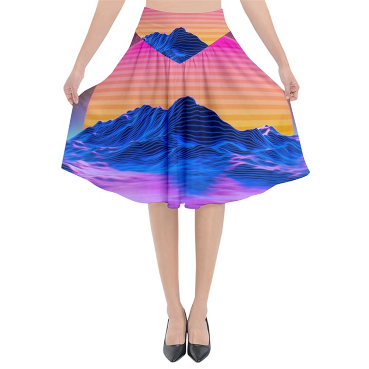 Sun Ultra Artistic 3d Illustration Sunset Flared Midi Skirt