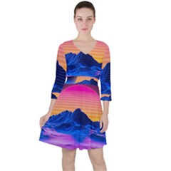 Sun Ultra Artistic 3d Illustration Sunset Quarter Sleeve Ruffle Waist Dress by Salman4z