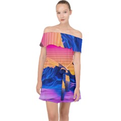 Sun Ultra Artistic 3d Illustration Sunset Off Shoulder Chiffon Dress by Salman4z