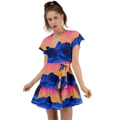 Sun Ultra Artistic 3d Illustration Sunset Flutter Sleeve Wrap Dress by Salman4z