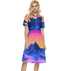 Sun Ultra Artistic 3d Illustration Sunset Button Top Knee Length Dress by Salman4z