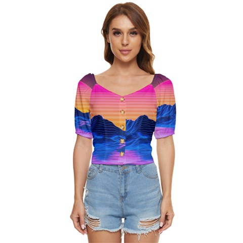 Sun Ultra Artistic 3d Illustration Sunset Button Up Blouse by Salman4z