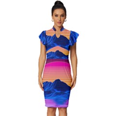 Sun Ultra Artistic 3d Illustration Sunset Vintage Frill Sleeve V-neck Bodycon Dress by Salman4z