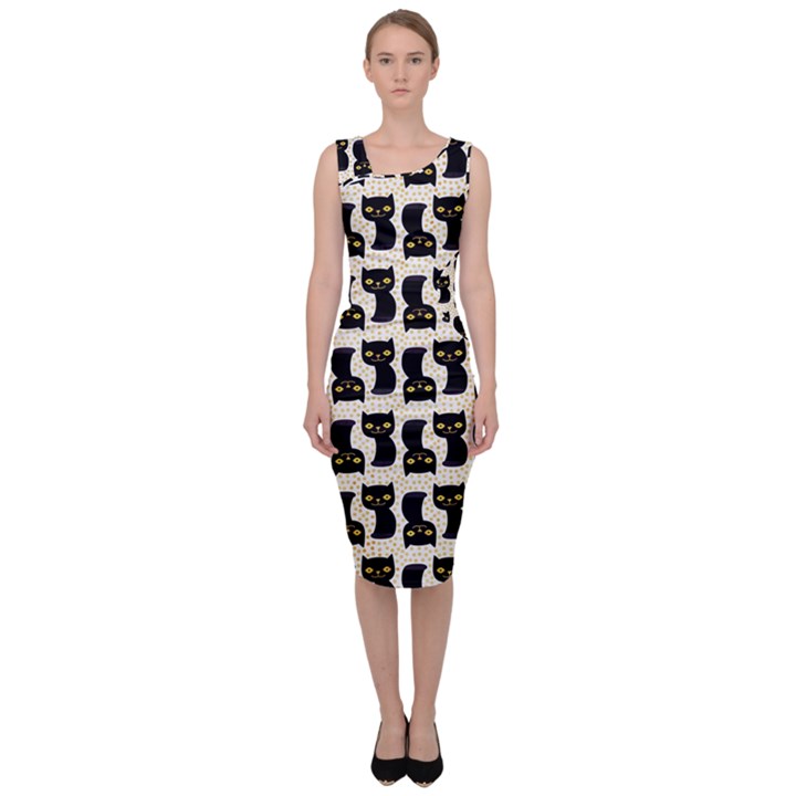 Black Cats And Dots Koteto Cat Pattern Kitty Sleeveless Pencil Dress