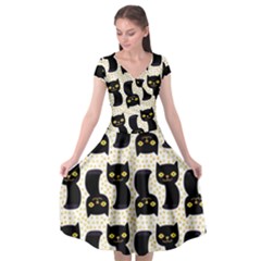 Black Cats And Dots Koteto Cat Pattern Kitty Cap Sleeve Wrap Front Dress by Salman4z