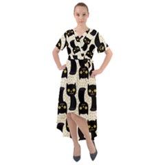 Black Cats And Dots Koteto Cat Pattern Kitty Front Wrap High Low Dress by Salman4z