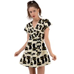 Black Cats And Dots Koteto Cat Pattern Kitty Flutter Sleeve Wrap Dress by Salman4z