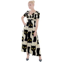 Black Cats And Dots Koteto Cat Pattern Kitty Button Up Short Sleeve Maxi Dress by Salman4z