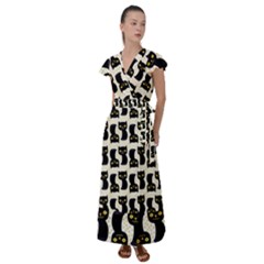 Black Cats And Dots Koteto Cat Pattern Kitty Flutter Sleeve Maxi Dress by Salman4z