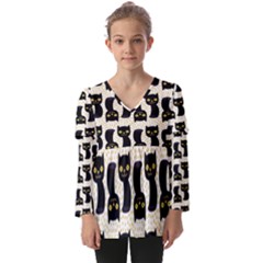 Black Cats And Dots Koteto Cat Pattern Kitty Kids  V Neck Casual Top by Salman4z