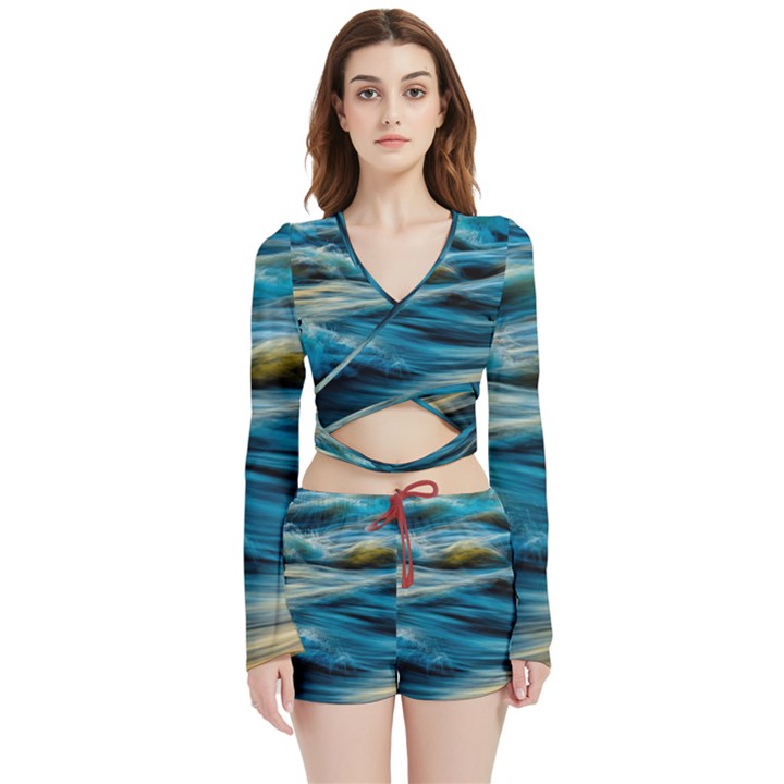 Waves Abstract Velvet Wrap Crop Top and Shorts Set