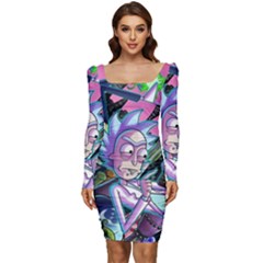 Rick And Morty Time Travel Ultra Women Long Sleeve Ruched Stretch Jersey Dress by Salman4z