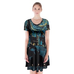 Hogwarts Castle Van Gogh Short Sleeve V-neck Flare Dress by Salman4z