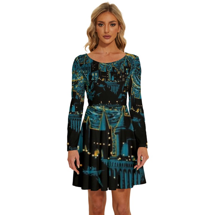 Hogwarts Castle Van Gogh Long Sleeve Wide Neck Velvet Dress