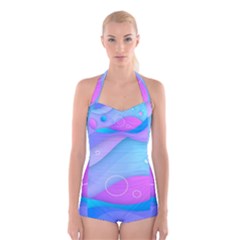 Colorful Blue Purple Wave Boyleg Halter Swimsuit  by Salman4z