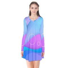 Colorful Blue Purple Wave Long Sleeve V-neck Flare Dress by Salman4z