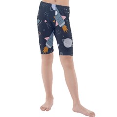 Space Background Illustration With Stars And Rocket Seamless Vector Pattern Kids  Mid Length Swim Shorts by Salman4z