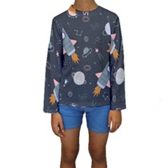 Space Background Illustration With Stars And Rocket Seamless Vector Pattern Kids  Long Sleeve Swimwear by Salman4z