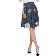 Space Background Illustration With Stars And Rocket Seamless Vector Pattern A-line Skirt by Salman4z