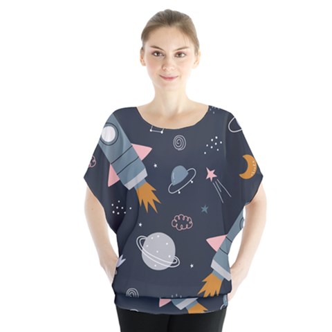 Space Background Illustration With Stars And Rocket Seamless Vector Pattern Batwing Chiffon Blouse by Salman4z