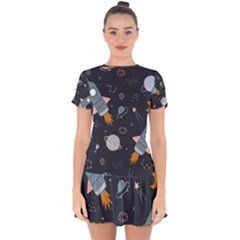 Space Background Illustration With Stars And Rocket Seamless Vector Pattern Drop Hem Mini Chiffon Dress by Salman4z