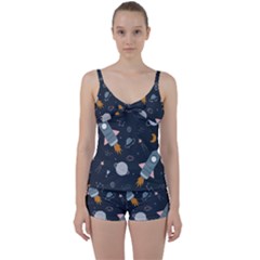 Space Background Illustration With Stars And Rocket Seamless Vector Pattern Tie Front Two Piece Tankini by Salman4z