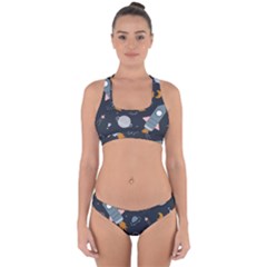 Space Background Illustration With Stars And Rocket Seamless Vector Pattern Cross Back Hipster Bikini Set