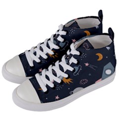 Space Background Illustration With Stars And Rocket Seamless Vector Pattern Women s Mid-top Canvas Sneakers by Salman4z