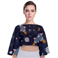 Space Background Illustration With Stars And Rocket Seamless Vector Pattern Tie Back Butterfly Sleeve Chiffon Top