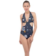 Space Background Illustration With Stars And Rocket Seamless Vector Pattern Halter Front Plunge Swimsuit by Salman4z