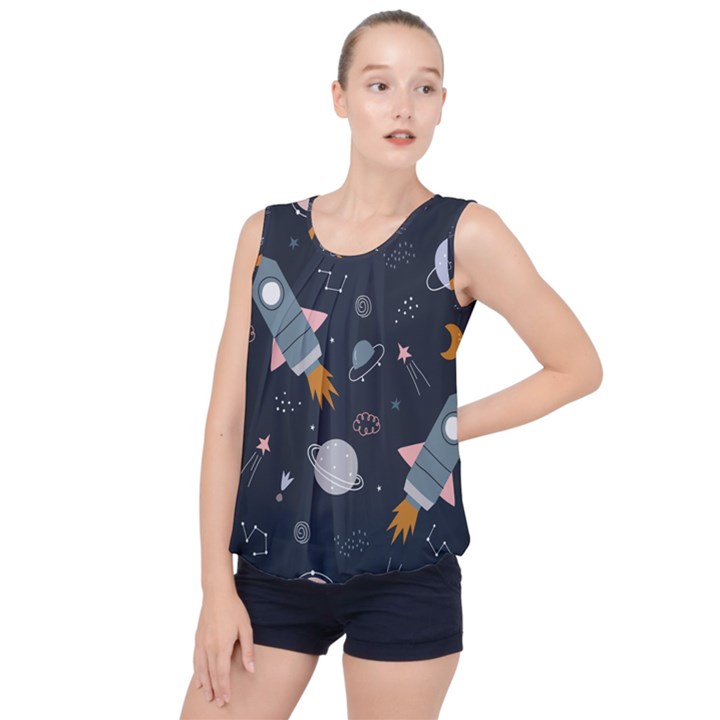 Space Background Illustration With Stars And Rocket Seamless Vector Pattern Bubble Hem Chiffon Tank Top