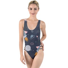 Space Background Illustration With Stars And Rocket Seamless Vector Pattern High Leg Strappy Swimsuit