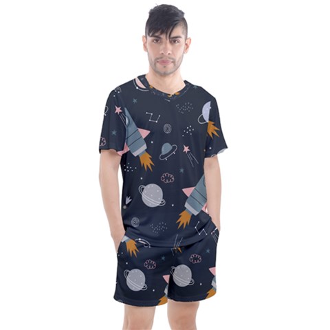 Space Background Illustration With Stars And Rocket Seamless Vector Pattern Men s Mesh Tee And Shorts Set by Salman4z