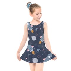 Space Background Illustration With Stars And Rocket Seamless Vector Pattern Kids  Skater Dress Swimsuit by Salman4z