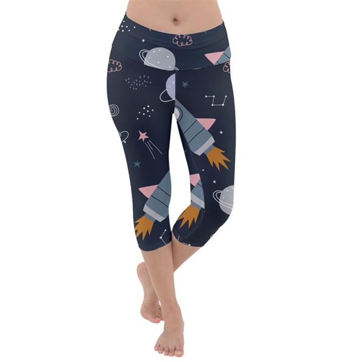 Space Background Illustration With Stars And Rocket Seamless Vector Pattern Lightweight Velour Capri Yoga Leggings