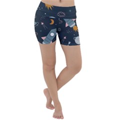 Space Background Illustration With Stars And Rocket Seamless Vector Pattern Lightweight Velour Yoga Shorts by Salman4z