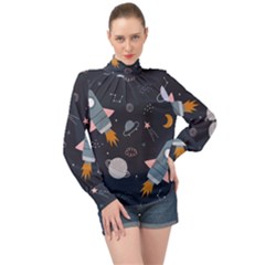 Space Background Illustration With Stars And Rocket Seamless Vector Pattern High Neck Long Sleeve Chiffon Top by Salman4z