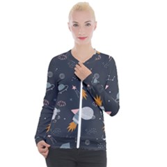 Space Background Illustration With Stars And Rocket Seamless Vector Pattern Casual Zip Up Jacket by Salman4z